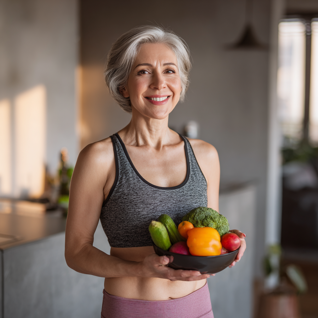 Smiling middle-aged Ukrainian woman in bright sportswear holding a colorful bowl of fresh vegetables and fruits, standing in a modern kitchen with natural lighting