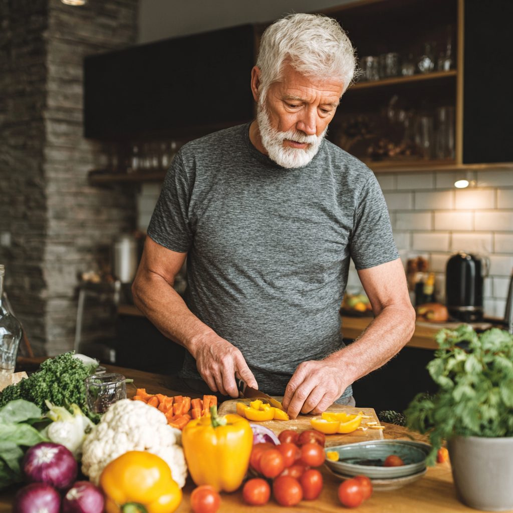 Energetic Ukrainian senior man in his 60s wearing casual athletic clothes, preparing a healthy meal with fresh ingredients in a bright, modern kitchen