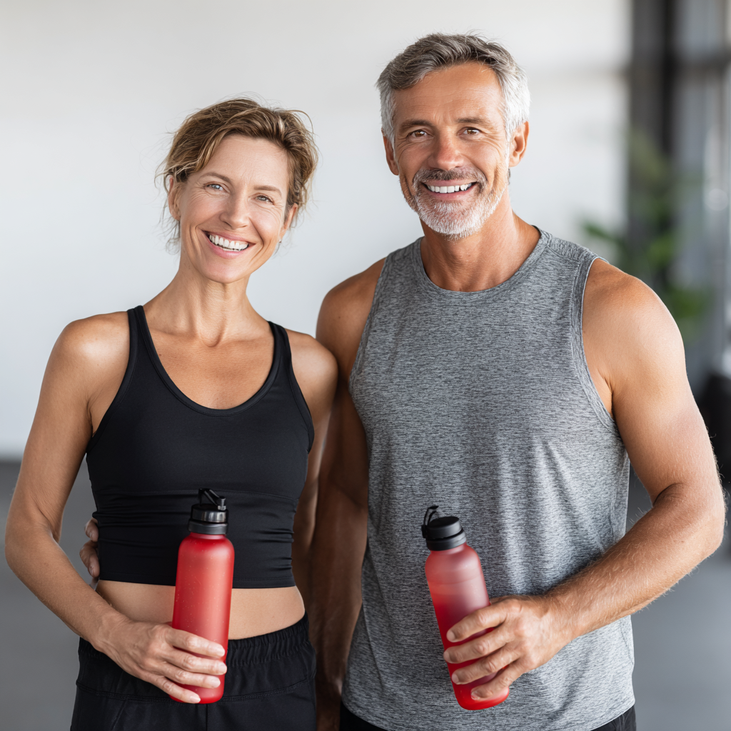 Happy Ukrainian couple in their 50s wearing comfortable workout clothes, standing together in a bright fitness studio, both smiling and holding water bottles after a successful training session